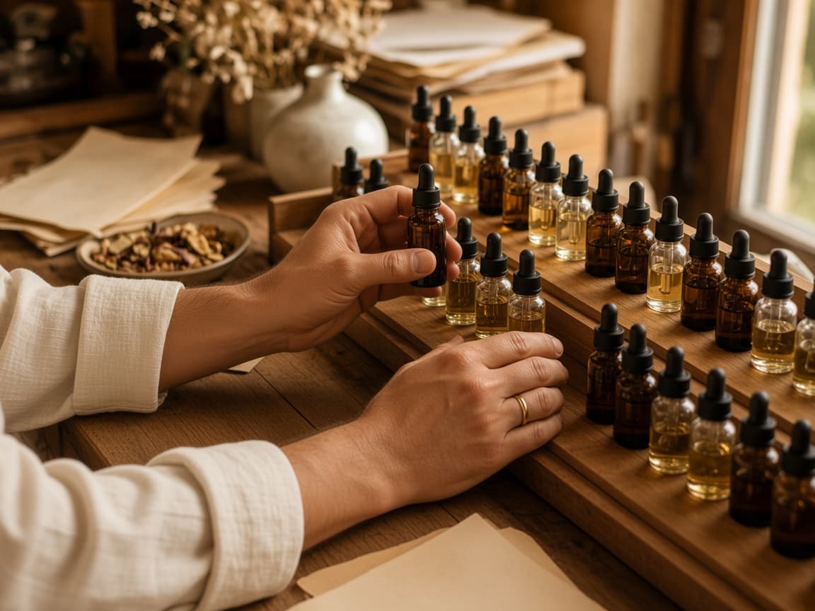 Artisan perfumer composing at the organ